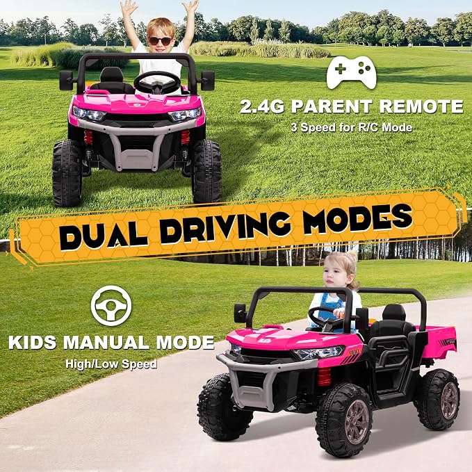 24V 4WD Ride on Car Dump Truck w/4X200W Motor, 2 Seaters, Gift Flower, 2.4G Remote Control, Bluetooth Music, LED Light, 24 Volt Ride on Toy Cars for Big Kids, Pink