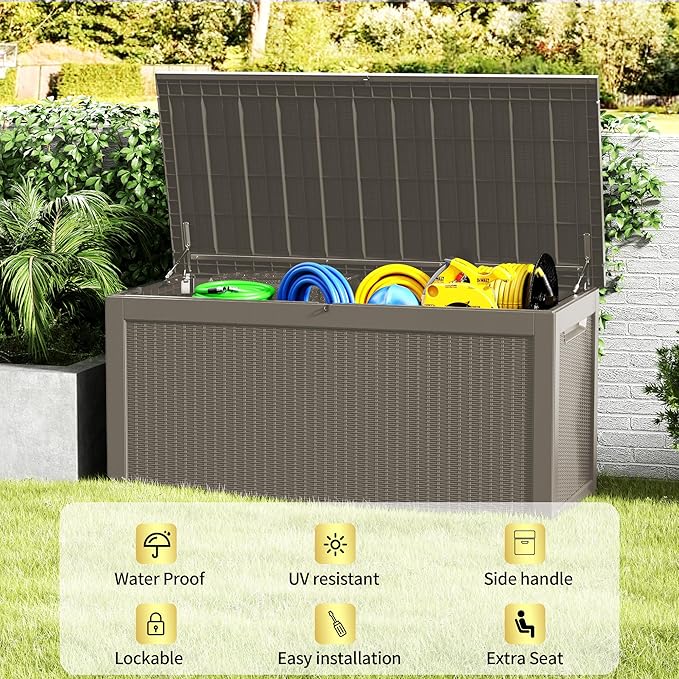 TARKARI 320 Gallon Lockable Resin Deck Box, Waterproof & UV-Resistant Outdoor Storage Box for Outdoor Cushion Storage, Garden Tools & Pool Accessories Storage, Gray