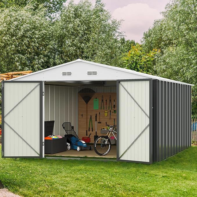 GUNJI 10 x 10 FT Shed Outdoor Storage Shed Metal Garden Shed with Lockable Door Outside Waterproof Tool Shed for Backyard, Patio, Lawn (Gray)