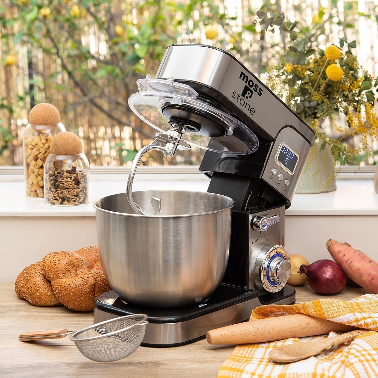 Moss & Stone Stand Mixer With Lcd Display, 6 Speed Electric Mixer With 5.5 Quart Stainless Steel Mixing Bowl, Kitchen Mixer With Dough Hook, Egg Whisk, Beater & Baking Spatula, Food Mixer With Timer