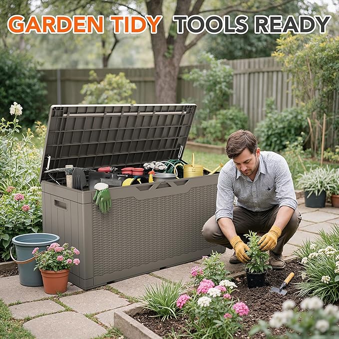 110 Gallon Deck Box Outdoor Indoor Waterproof Storage Box for Patio Furniture, Pool Accessories, Garden Tools, and Cushion Storage, Coffee