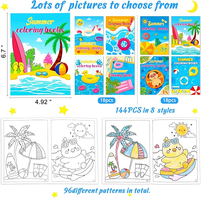 90shine 144PCS Summer Coloring Books for Kids in Bulk Ages 4-8, End of The Year Gifts from Teacher for Students Beach Pool Birthday Party Favors