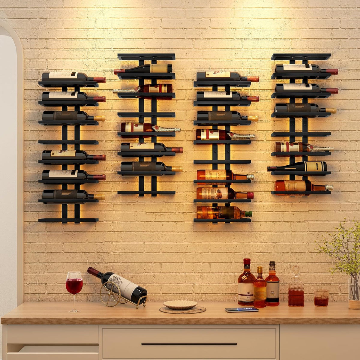 Hoctieon 2-Set 8 Tier Wall Mount Wine Rack (16 Tiers), Wall Racks for Wine Bottles Display and Storage, Hanging Bottle Organizer for Living Room, Dining Room, Wine Cellar, Bar, Black