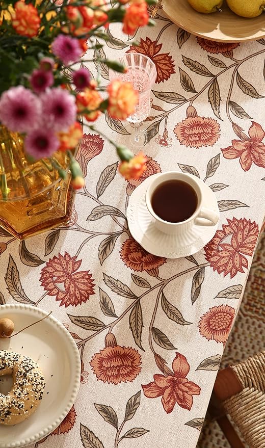 ISAENNE Designer French Long Rectangular Tablecloth,Linen Orange Floral Pattern Indoor Table Cloth,Wrinkle Resistant Decor Table Cloth for Dining Thanksgiving Kitchen Party,63"*94"-Alvarado D