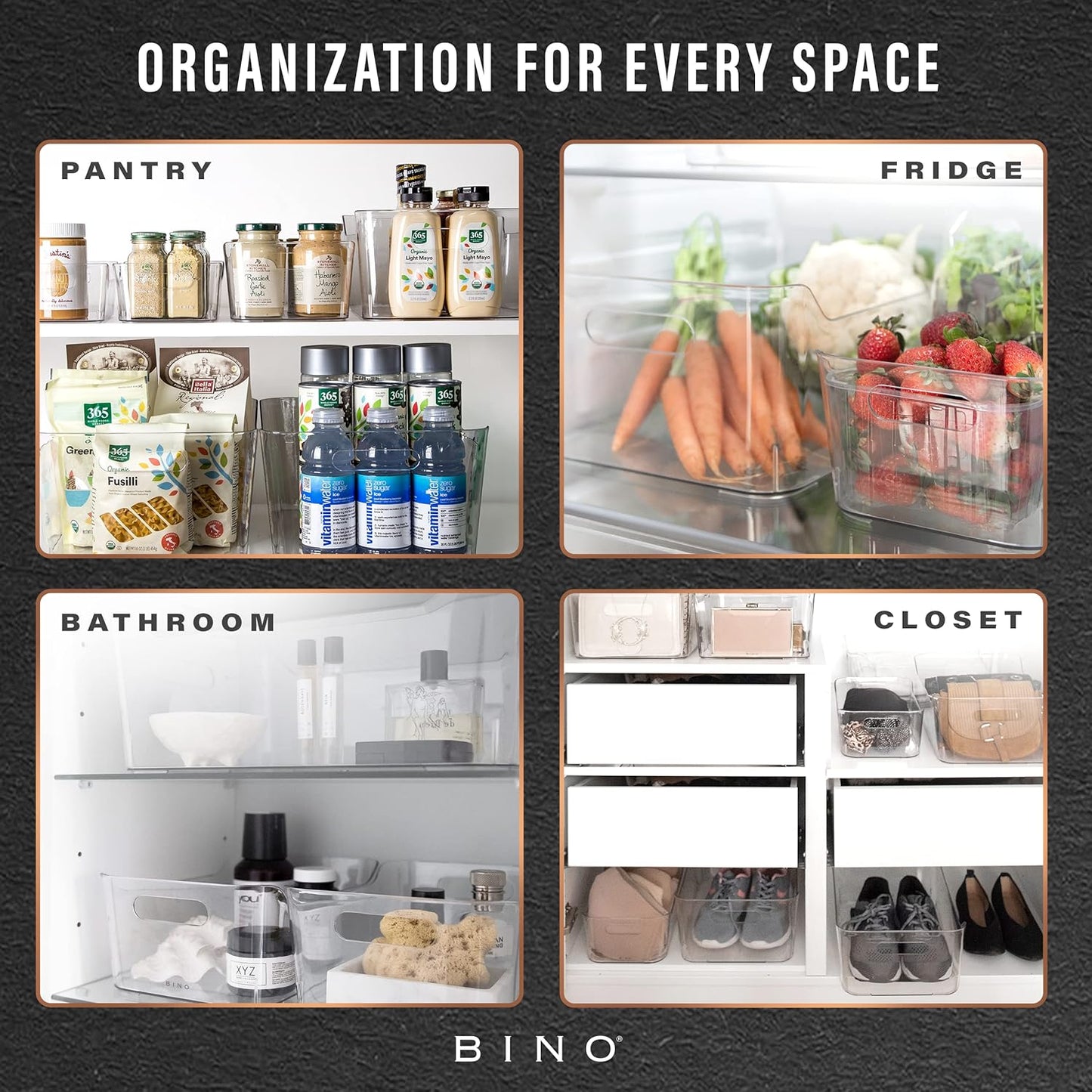 BINO | Plastic Storage Bins, X-Large - 2 Pack, Clear | THE SOHO COLLECTION | Pantry Organizers and Storage Containers Fridge Organizer Bins Kitchen Cabinet Organizer Medicine Cabinet Organizer Bin