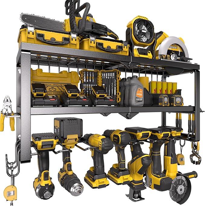 Power Tool Organizer for Tool Storage, Drill Holder Wall Mount with Screwdriver Organizer, Tool Holder for Garage Wall Organization, Heavy Duty Metal Tool Shelf with Battery Holder