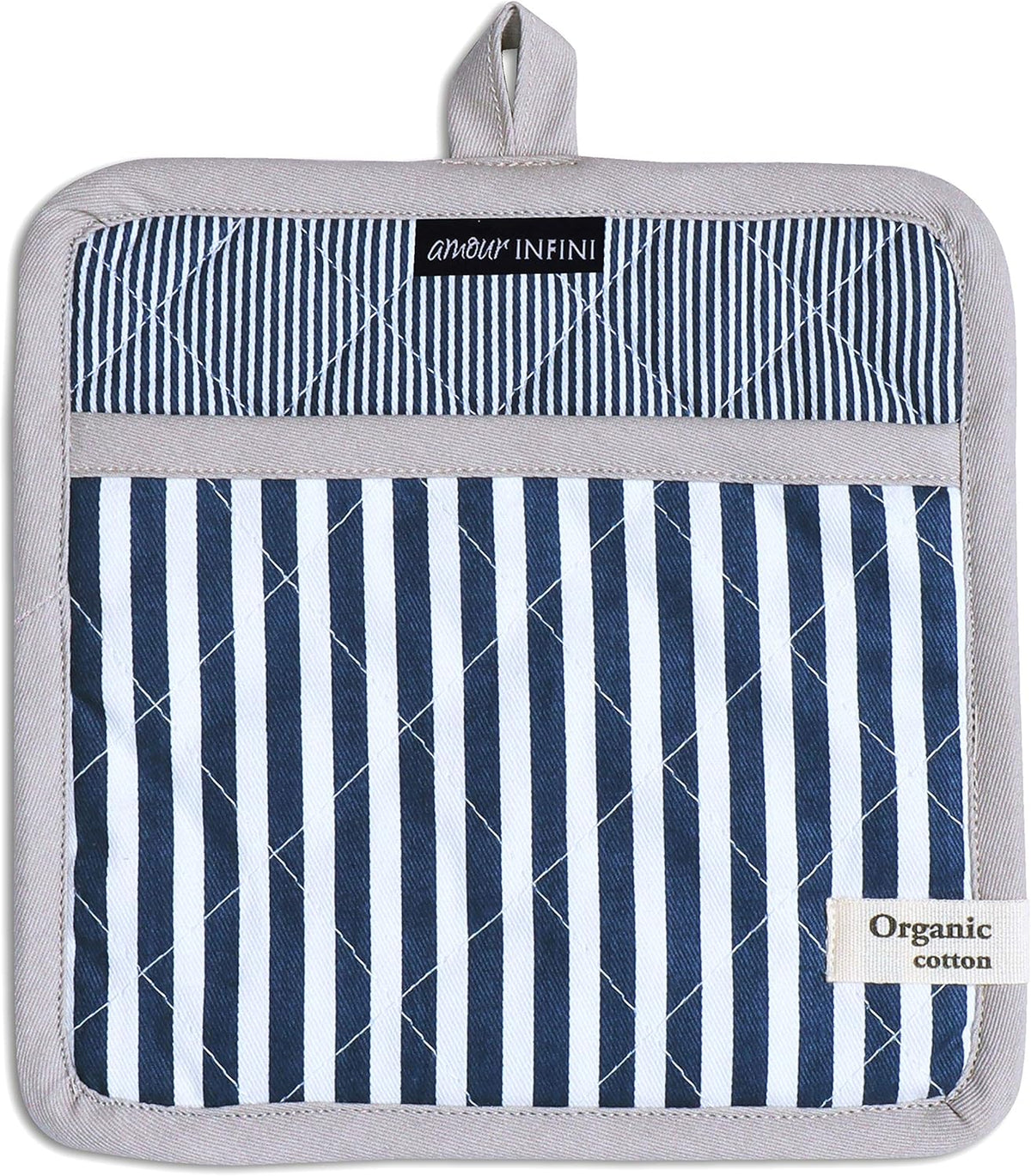 AMOUR INFINI Striped Pot Holders and Oven Mitts Heat Resistant Non Slip Reusable Set of 1 Oven Mitt and 1 Pot Holder Oven Gloves Pot Holder for Cooking (Blue)