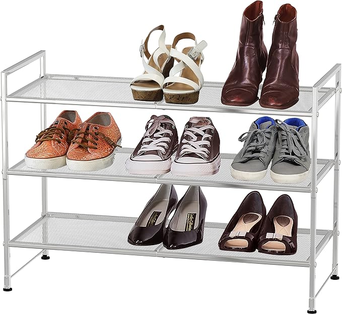 Simple Houseware 3-Tier Stackable Mesh Shoe Rack, Silver