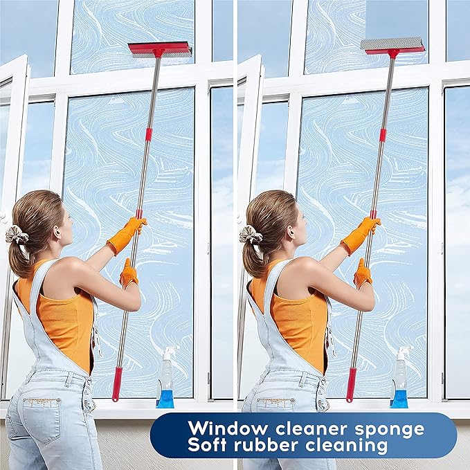 DSV Standard Window Squeegee, 2-in-1 Window Cleaner with 55" Extension Poles, Window Washing Kit, Glass Door Cleaner, Multi-Use Car Windshield Cleaning Tool with Long Handle for High Outdoor Windows