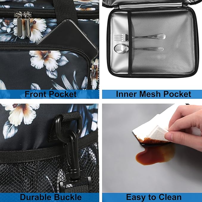 Femuar Lunch Bags for Women/Men, Insulated Lunch Bag for Work Office Picnic - Lunch Cooler Bag Leakproof Lunch Box with Adjustable Shoulder Strap - Hibiscus