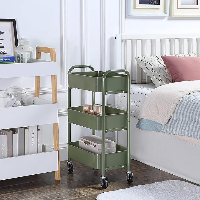 SunnyPoint 3-Tier Delicate Compact Rolling Metal Storage Organizer - Mobile Utility Cart Kitchen/Under Desk Cart with Caster Wheels - Army (15.35" X 10.24" X 26.8"H)