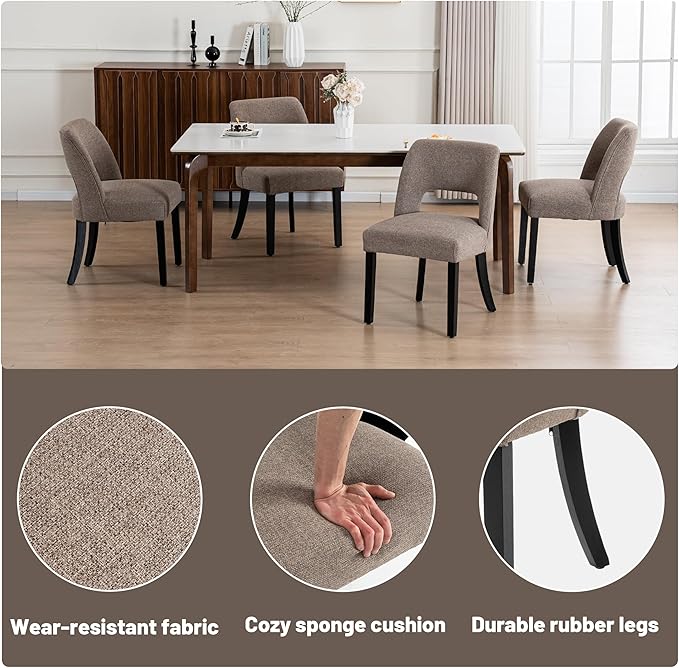VKNOW Wooden Dining Chairs Set of 6, Modern Fabric Upholstered Dining Room Chair Kitchen Chairs, Farmhouse Dinner Chair for Kitchen Dining Room, Brown-Black Legs