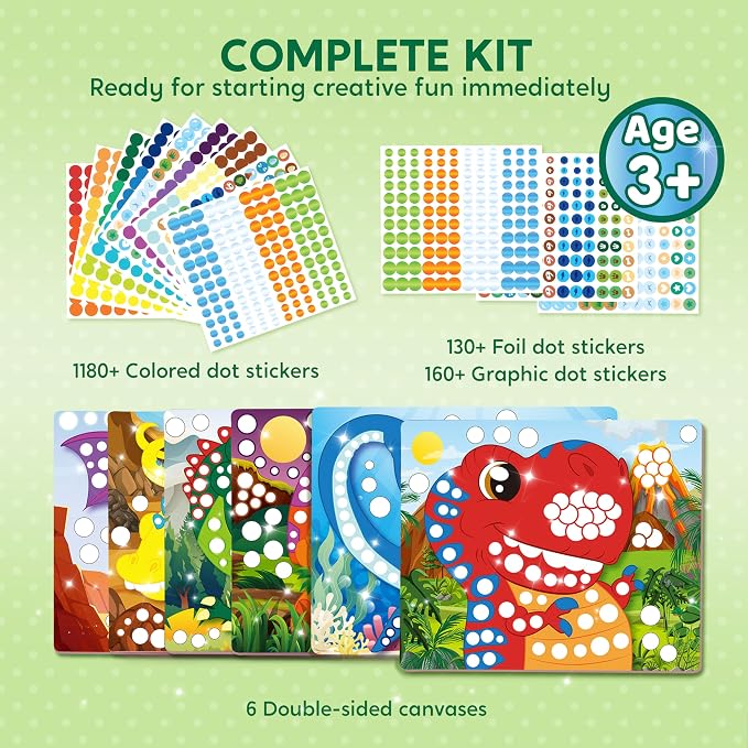 Klever Kits Dot Art Kit for Kids, No Mess Sticker for Toddler 3-7, Craft Kits, DIY Creative Activity, Travel Toy, Birthday Gifts for Boys Girls (Dinosaur)