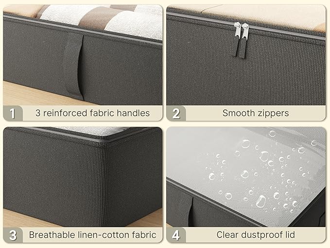 2-Pack Under Bed Storage, 6 Inches Tall Closet Organizers and Storage Bins with Sturdy Sidewalls/Bottom/4 Handles, Black