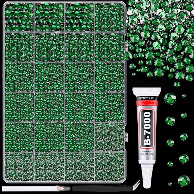 25000Pcs Resin Rhinestones for Crafting, Emerald Green 2-6mm Mixed Sizes Non Hotfix Flatback Gems with 1Pcs Glue, Bedazzling Crystal for DIY Craft Clothing Mugs Tumblers Shoes Fabric Decor Nail Art