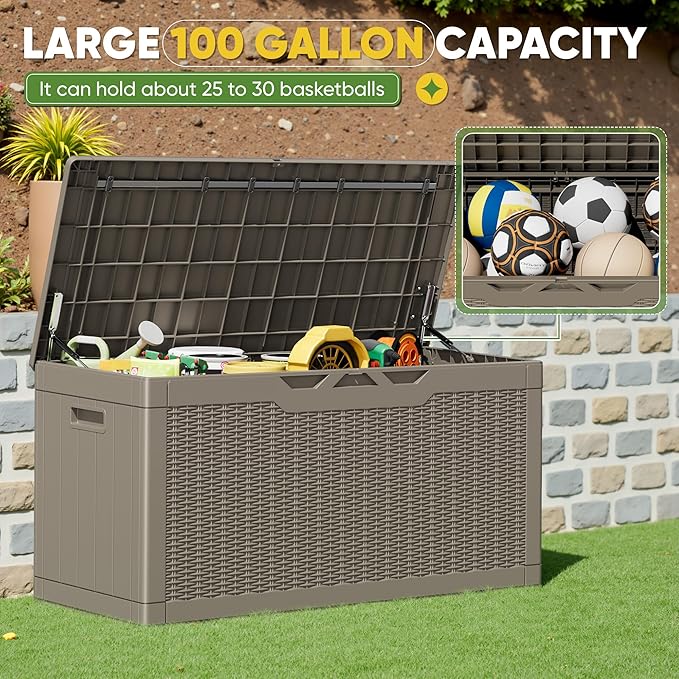 Greesum Outdoor Storage Box 100 Gallon Storage Bin with Lid for Patio Furniture, Garden Tools, Pool Supplies, Lockable, Waterproof and UV Resistant, Light Coffee