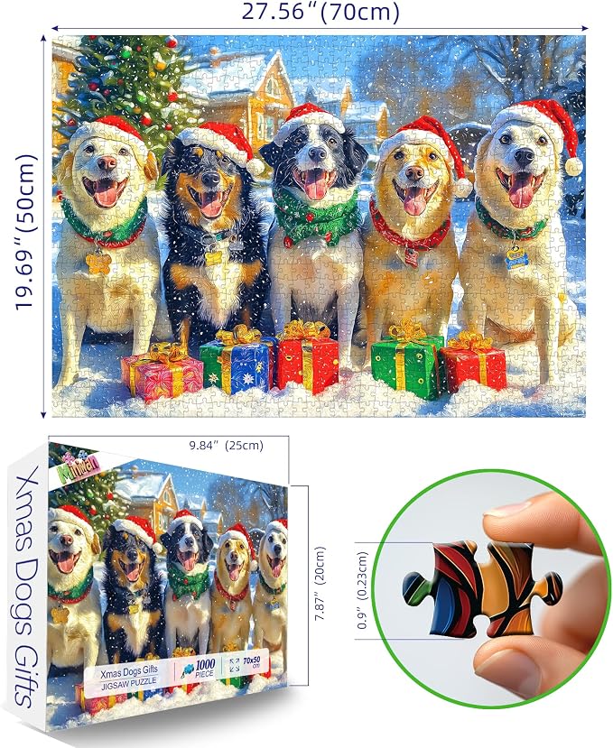 Christmas Dog Gathering 1000 Piece Puzzle for Adults, Fun Puzzles for Adults 1000 Pieces with HD Print & Poster, 27.5 * 19.7 in Dust Free, for Gifts Halloween Christmas Family Games Lovers