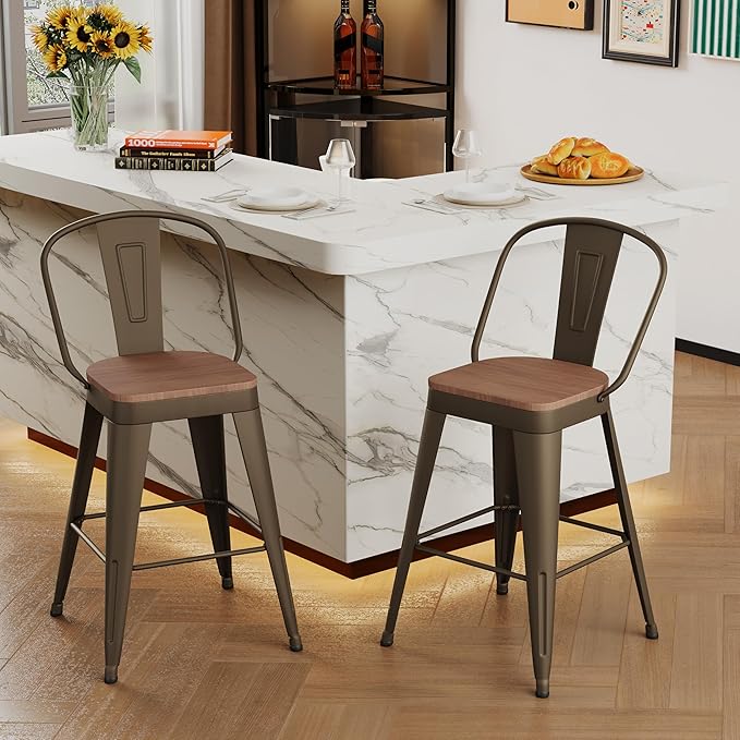 Andeworld Metal Bar Stools Set of 2, 26 inch Counter Height Barstools with Backs Farmhouse Modern High Back Bar Stools with Larger Seat Kitchen Dining Bar Chairs,Rusty