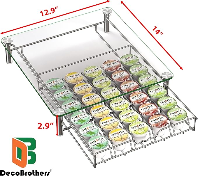 Deco Brothers Crystal Tempered Glass K-Cup Holder Drawer for 30 Coffee Pods Storage, Chrome