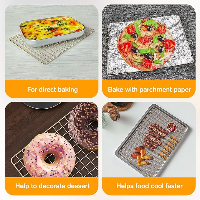 2-Pack Cooling Racks for Cooking and Baking - 10" x 15"Heavy Duty Stainless Steel Wire Rack for Baking, Grilling, Roasting - Oven & Dishwasher Safe - Fits Jelly Roll Sheet Pan（Gold）