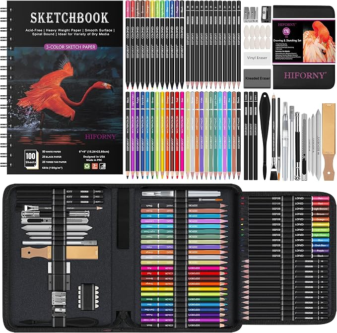 HIFORNY 176 PCS Art Supplies Drawing Set Sketching Kit with 100 Sheets 3-Color Sketchbook,Graphite Colored Charcoal Watercolor & Metallic Pencils,Blending Tools and More, for Beginner Artists