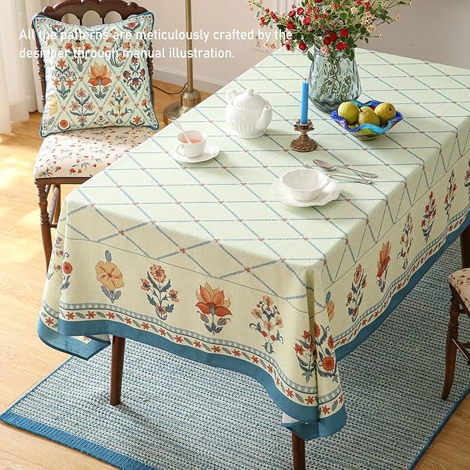 ISAENNE Designer Linen Floral Small Square Tablecloth,Light Green Farmhouse Durable Table Cloth,Washable Decor Tablecloths for Dining Kitchen Thanksgiving Christmas,55"*55"-Floralsea B