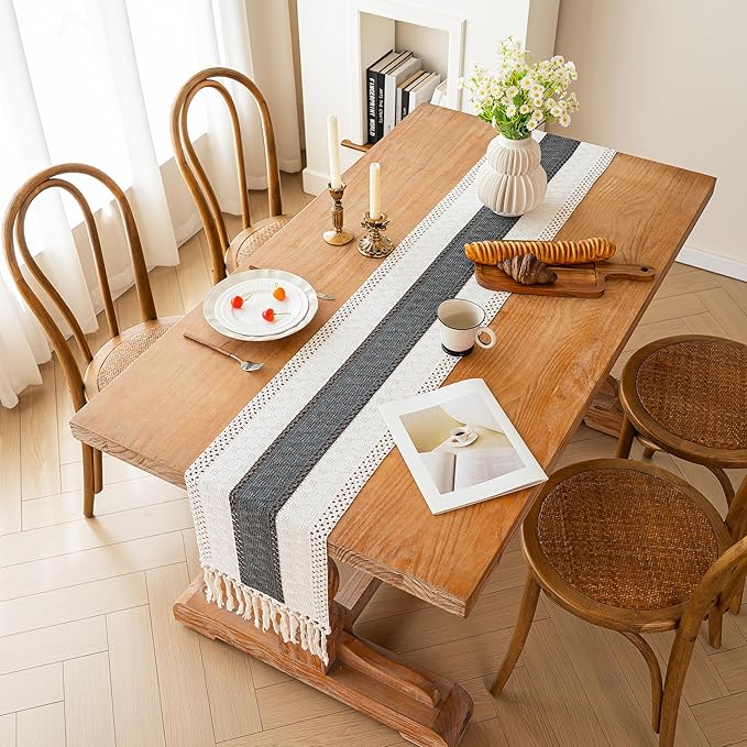 FEXIA Boho Table Runner for Home Decor with Tassels 108 Inches Long,Grey Farmhouse Rustic Table Runner Macrame Burlap Table Decoration for Living Room Bridal Shower(12x108 Inches)