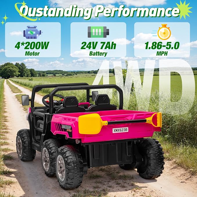 24V Ride on Dump Truck, XL 2 Seater Ride on Cars with Remote Control, 4x200W Powerful Motors, 6-Wheel Suspensions, Electric Dump Bed, Shovel, Kids UTV for Boy Girl