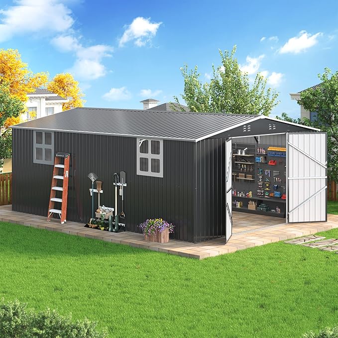 12x18 FT Outdoor Storage Shed, Garden Shed with Updated Frame Structure and Lockable Doors, Metal Tool Sheds for Backyard Garden Patio Lawn,Black