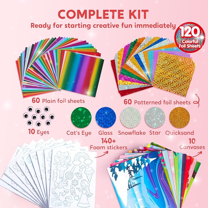 Klever Kits Foil Art Kit for Kids - Arts & Crafts Supplies, Mess Free Coloring, Foil Foam Stickers, Creative Travel Toys, Birthday Gifts for Boys & Girls Ages 4 and Up