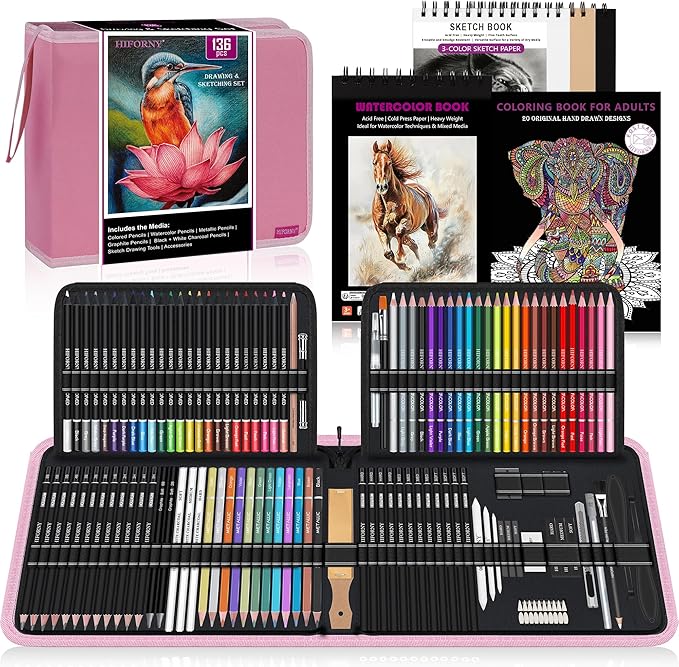 HIFORNY 136 PCS Drawing & Sketching Set,Pro Art Supplies with Graphite,Charcoal,Colored,Watercolor,Metallic Pencils,Blending Tools,Sketchbook,Watercolor Book and Coloring Book in Zipper Case (Pink)