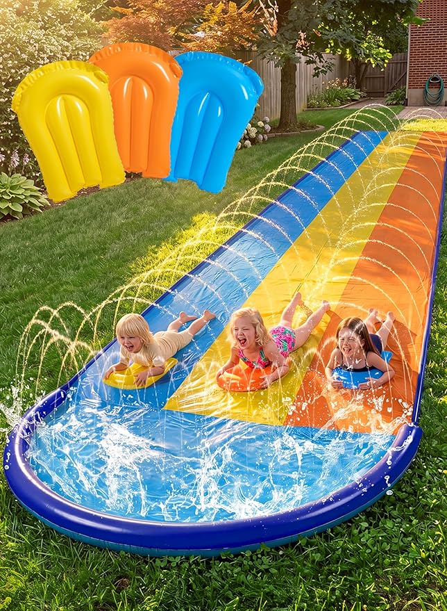 Sloosh Triple Water Slide with 3 BodyBoards, 22.5FT Lawn Water Slip Splash Pad Slide Summer Toy with Build in Advanced Sprinkler for Kids Adults Backyard Summer Water Fun