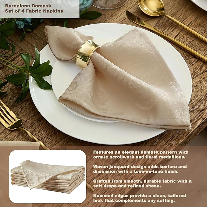 Newbridge Barcelona Luxury Damask Fabric Napkins, Set of 4 Square Napkins, Golden Beige, 100% Polyester, No Iron, Soil Resistant Dining Room, Party and Banquet Napkins
