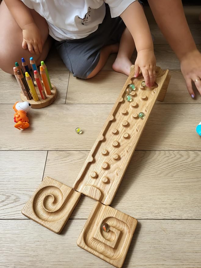 Wooden Marble Run Track Set of 2 Wind+Rocks Race Machine Set Wooden Maze Board Ball Run Montessori STEM Toy Gift for Kids Wave Course Winding Roller Track Game (Rocks+Whirlpol)