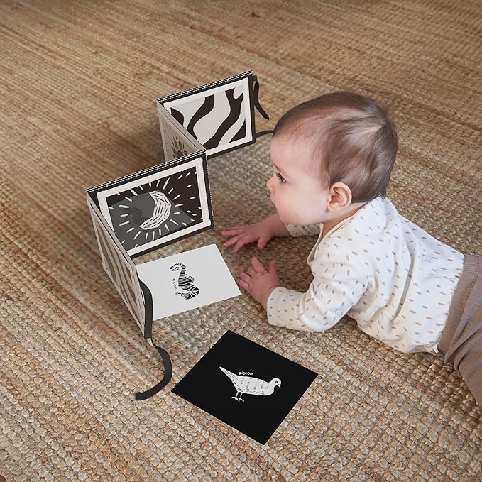 Soft Tummy Time Book w/ Stimulating Baby Safe Mirror - Fun Black and White Montessori Toy w/ Crinkle Filling & 20 High Contrast Designs - Perfect Newborn Toy For Safe and Early Infant Development