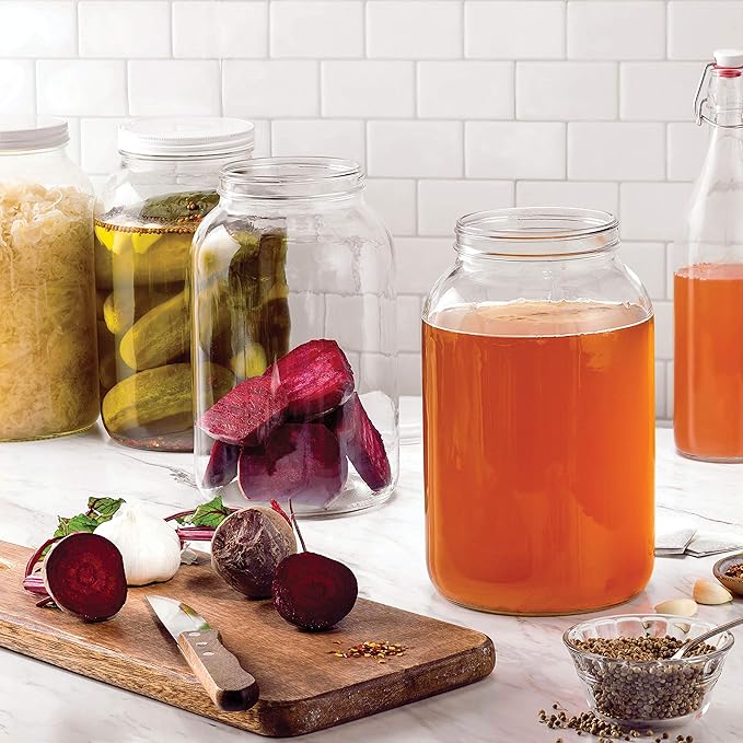 1 Gallon Glass Jar With Lid – 2 Pack Large Glass Jar With Airtight Metal Lids - USDA Approved BPA-Free Dishwasher Safe, Wide Mouth Sun Tea Jar, Gallon Mason Jar for Storage, Fermenting, And Brewing