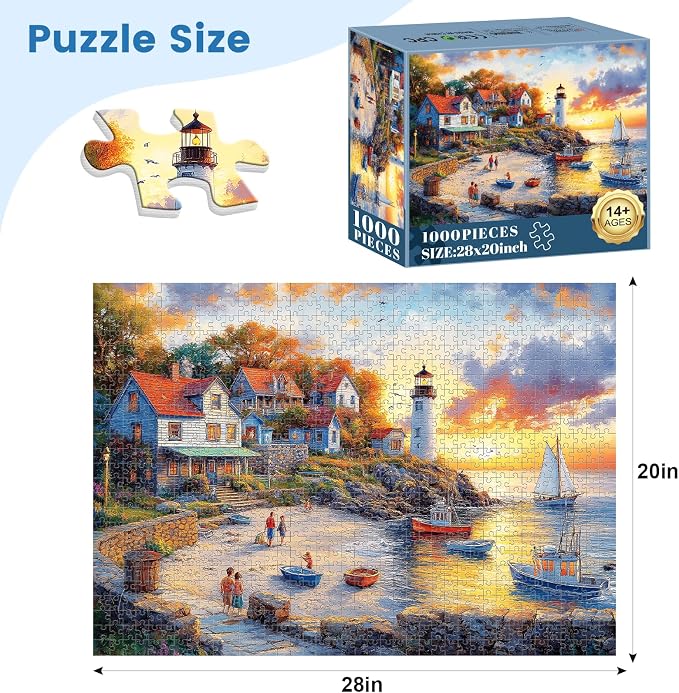 1000 Pieces Puzzles for Adults, Fall Seaside Puzzle, Fishing Village Jigsaw Puzzles 1000 Pieces, Creative Play Holiday Party Gifts Artwork Wall Home Decor, Funny Puzzle for Adults, 28×20 in