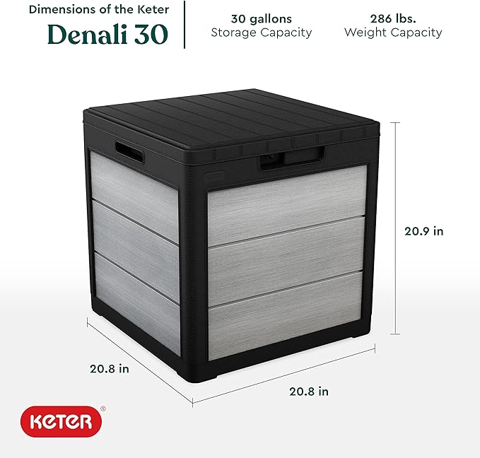 Keter Denali 30 Gallon Resin Outdoor Storage Box and Patio Furniture Side Table for Pool and Garden Accessories, Grey & Black