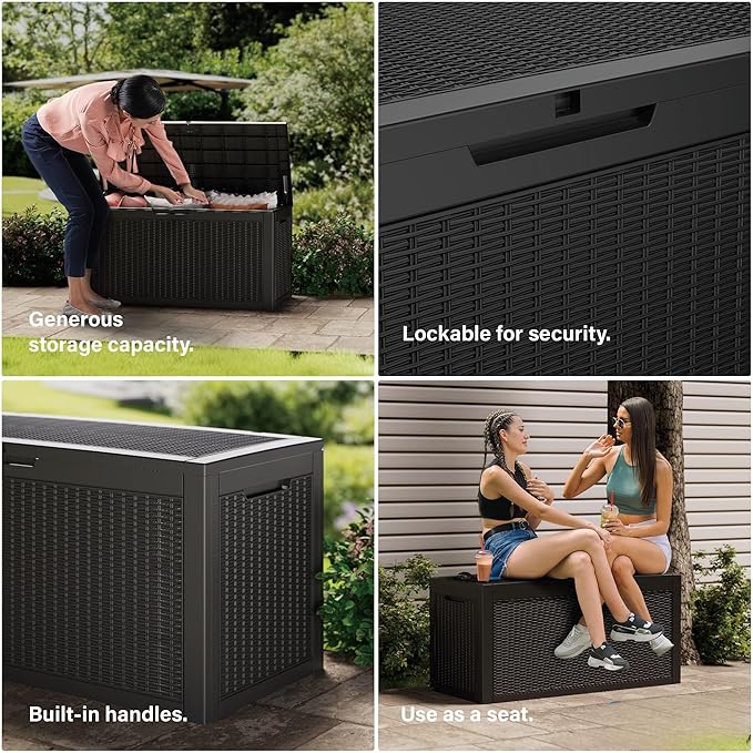 Outdoor Storage Deck Box Waterproof, 320 Gallon Large Lockable Patio Storage Bin Chest, Resin Outside Container Seat Bench for Furniture Cushions, Pool Accessories, Garden Tools & Delivery, Black