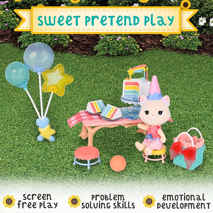Honey Bee Acres Birthday Wishes Playset, 15 Piece Miniature Dollhouse Party Set with Cat Figure, Rainbow Cake, Balloons & Gift, Pretend Play Birthday Celebration for Kids Ages 3+