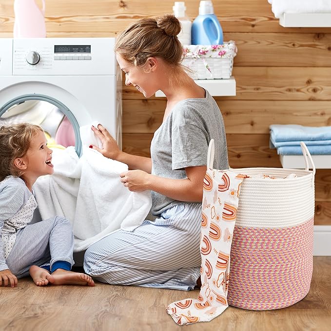 Cotton Rope Laundry Basket Hamper for Clothes Woven Storage Basket for Living Room Bedroom Boho Tall Rope Baskets for Blanket Toys Pillow Towels Baby Nursery Hamper Bin Large (multicolor)