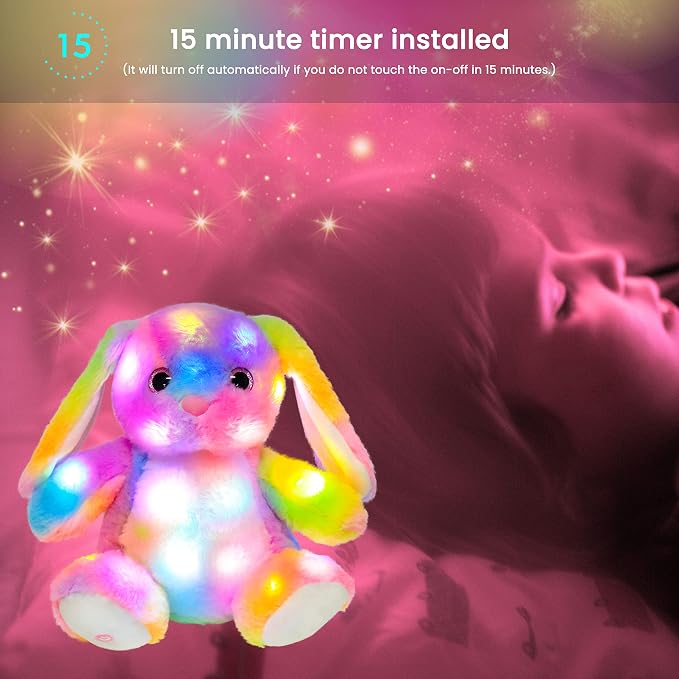 Hopearl LED Plush Bunny Colorful Lighting Up Stuffed Animal Rabbit Floppy Night Lights Glow in The Dark Birthday Festival for Kids Toddler Girls, Rainbow, 10''