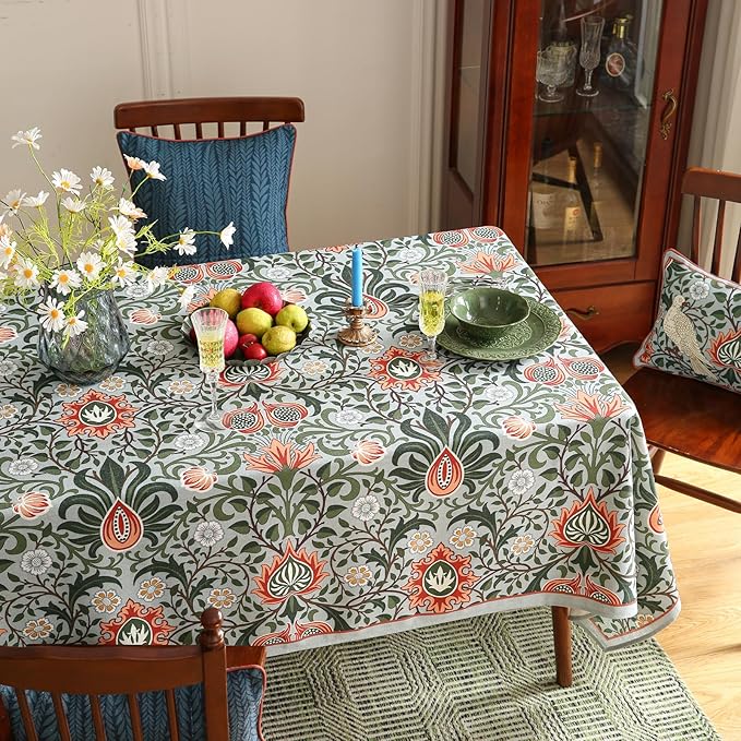 ISAENNE Designer Bohemian Linen Green Long Tablecloth Rectangle,Floral Indoor Table Cloth,Stain Resistant Decor Tablecloths for Dining Thanksgiving Kitchen Party Christmas,63"*102"-Naples