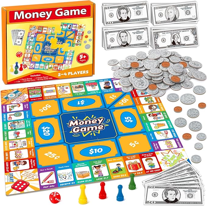 Torlam Money Board Games for Kids, Coins and Bills Toddler Pretend Play Toys, Money for Kids Learning Education Kindergarten Math Games Math Manipulatives, Homeschool Supplies Classroom Must Haves