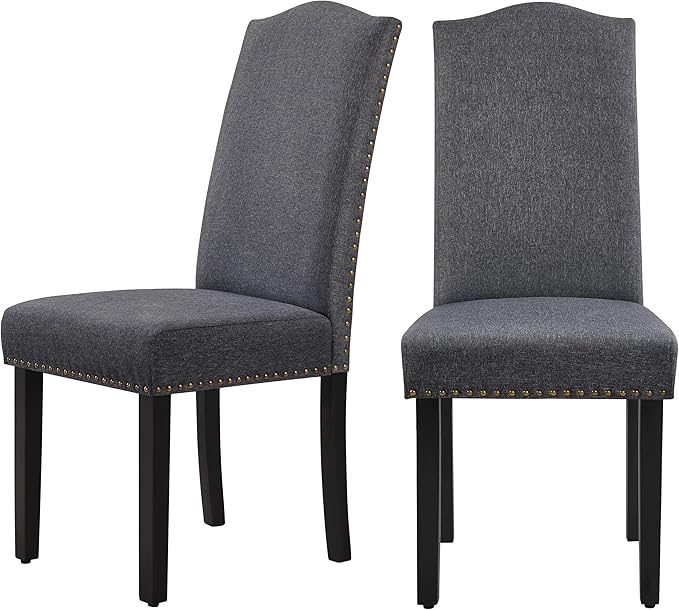Yaheetech Upholstered Dining Chairs Set of 2, Modern Kitchen Chairs with Nailhead Trims and Solid Wood Legs for Dining Room, Living Room, Restaurant, Fabric Armless Design, Dark Gray