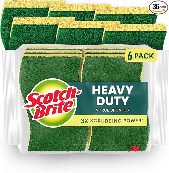 Scotch-Brite Heavy Duty Scrub Sponge, 6 Kitchen Sponges for Tough Messes - Lasts 3X Longer*, Perfect for Cast Iron Skillets & Outdoor Grills, Flexible & Durable Construction (Pack of 6)