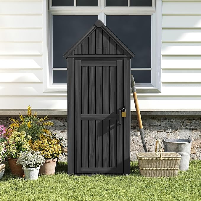 Outdoor Storage Shed - Waterproof Resin Outdoor Storage Cabinet with Removable Shelves & 12 Hooks, Lockable All-Weather Storage for Garden Tools, Grilling Supplies, Classic Black