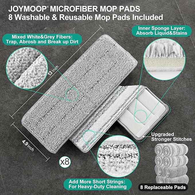 JOYMOOP Mop and Bucket with Wringer Set, Hands Free Flat Floor Mop and Bucket, with 8 Washable Microfiber Pads, Wet and Dry Use, Floor Cleaning System