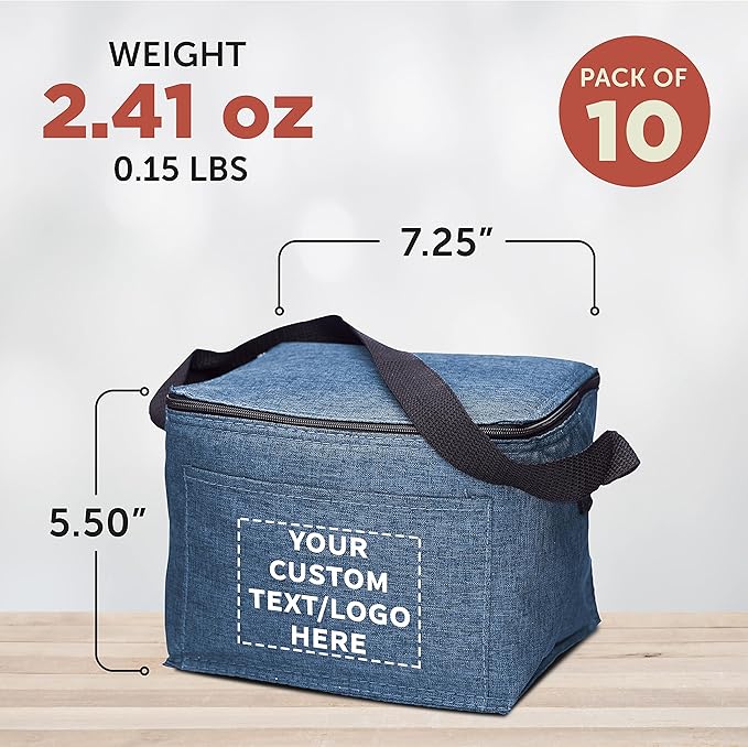 Custom Insulated Cooler Lunch Bag Set of 10, Personalized Bulk Pack - Perfect for Work, Travel, Outdoor Events - Blue
