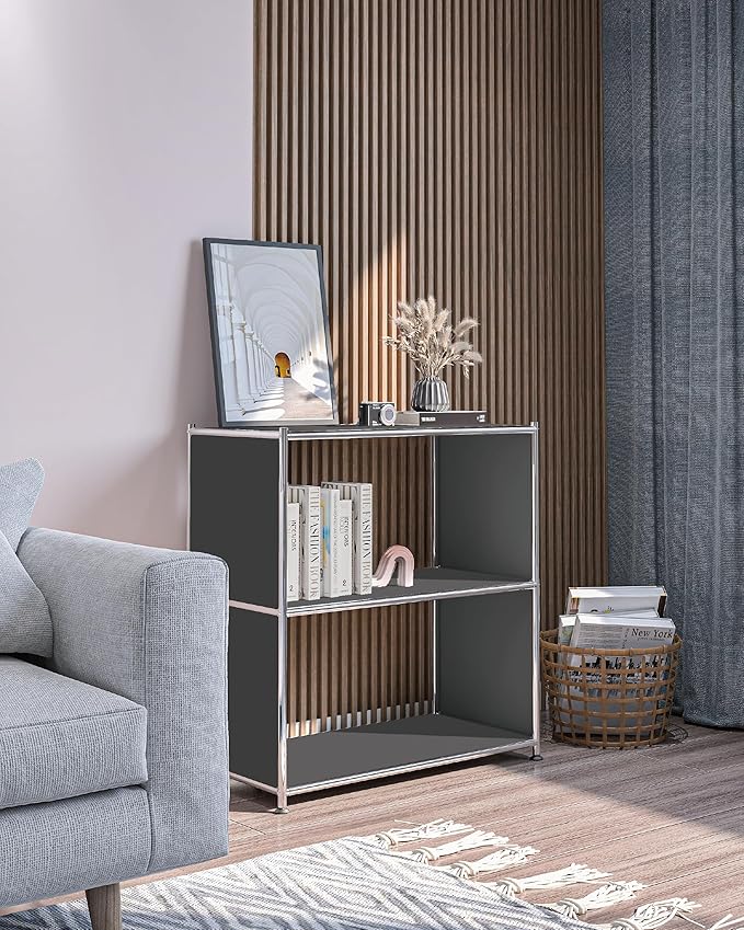 32-Inch 2-Tier Metal Bookcase, Open Shelf Storage Organizer for Living Room, Bedroom, Side Table or Nightstand Use, Modern DIY Assembly, Grey